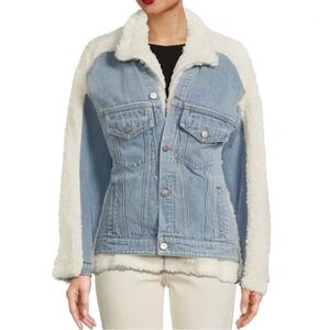 New Lea & Viola Faux Shearling Denim Jacket Ivory Blue Size Large